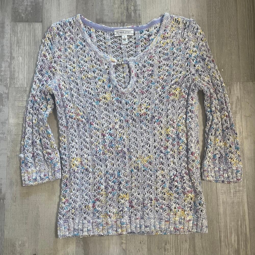 ST JOHN SPORT Multi-Season Blue Multi Open Knit Pullover Sweater PETITE - Picture 12 of 15